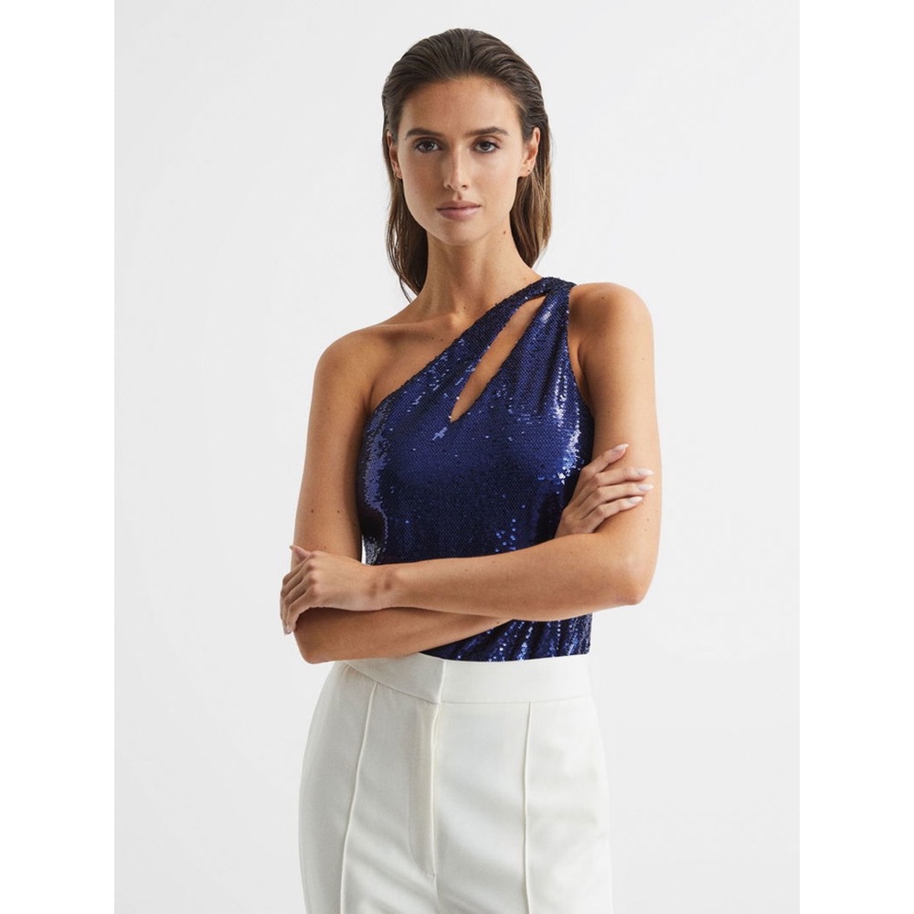 NEW Reiss Scarlette Blue Sequin Cutout One Shoulder Bodysuit Top Size US 0